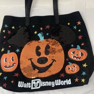 Walt Disney World Halloween black canvas sequin pumpkin tote bag